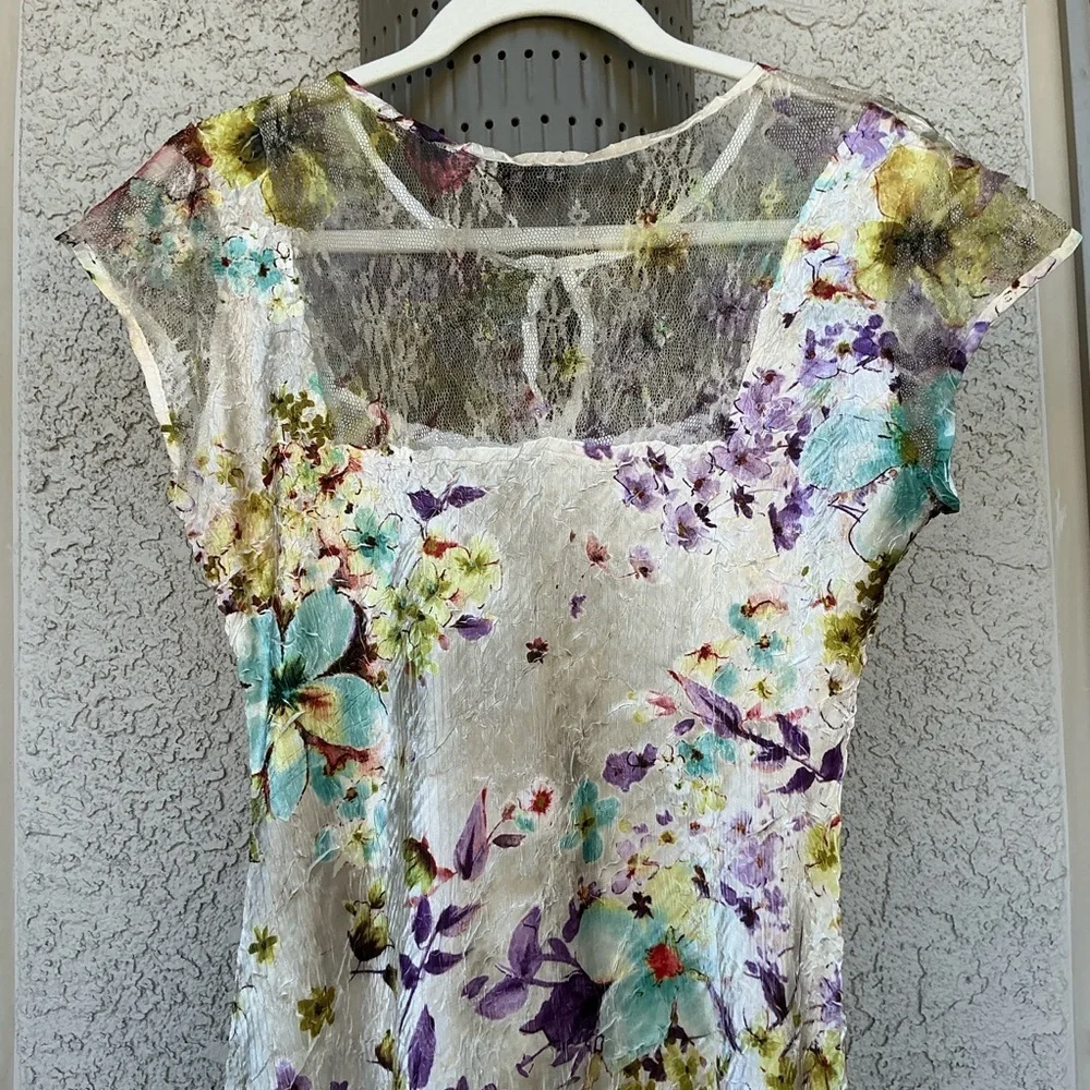NWOT Komarov Floral Crinkle Lace Satin Midi Dress Large Fit & Flare Keyhole Chic